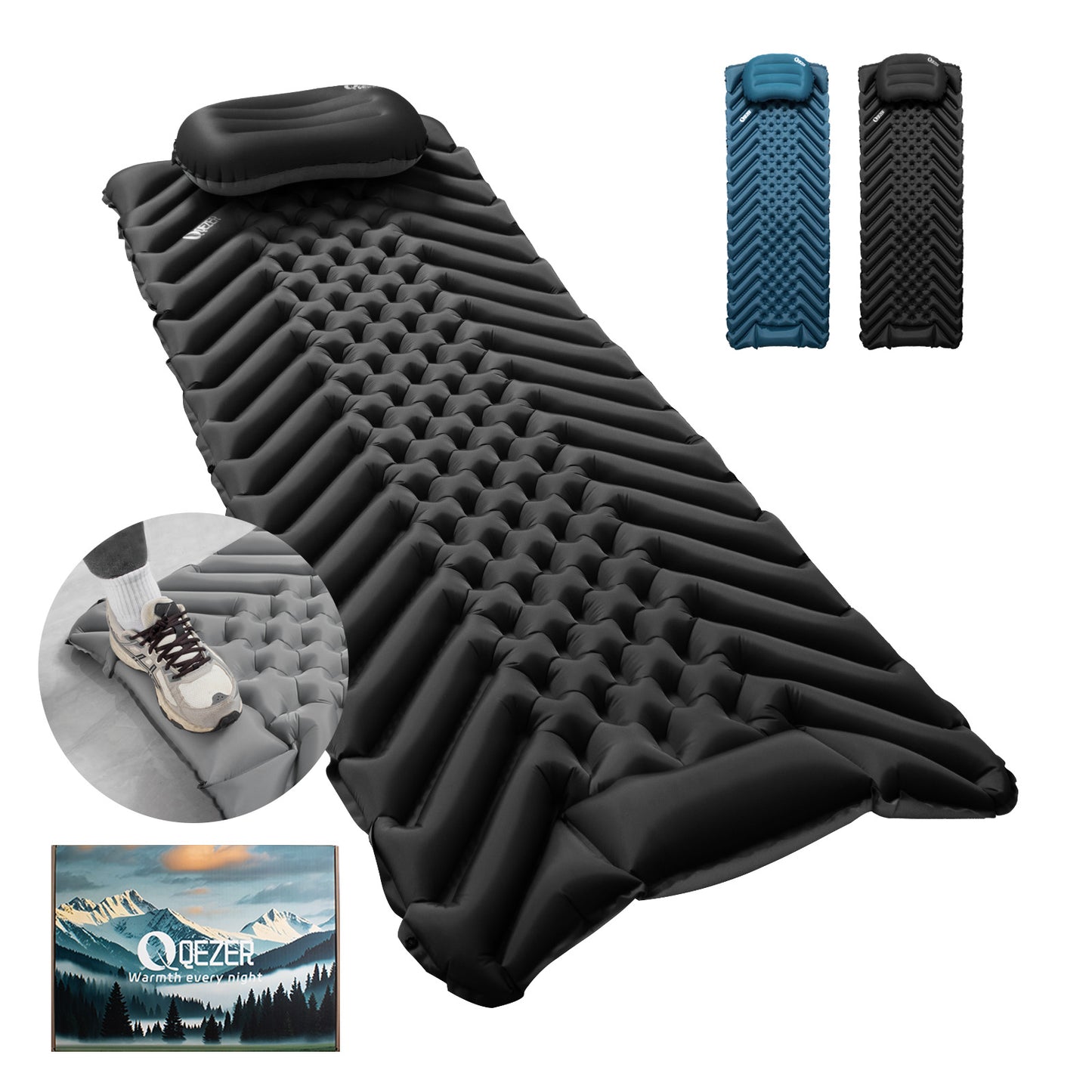 QEZER Ultralight Inflatable Sleeping Pad with Pillow