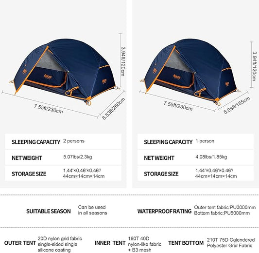 QEZER Camping Tent 1/2 Person Waterproof Backpacking Tent for Camping, Hiking and Backpacking