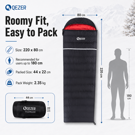 QEZER Rectangular Down Sleeping Bag | Multi-Temperature Camping Backpacking Sleeping Bag