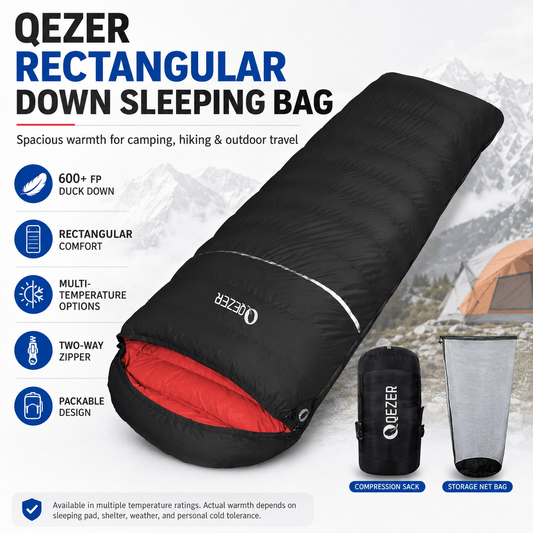 QEZER Rectangular Down Sleeping Bag | Multi-Temperature Camping Backpacking Sleeping Bag