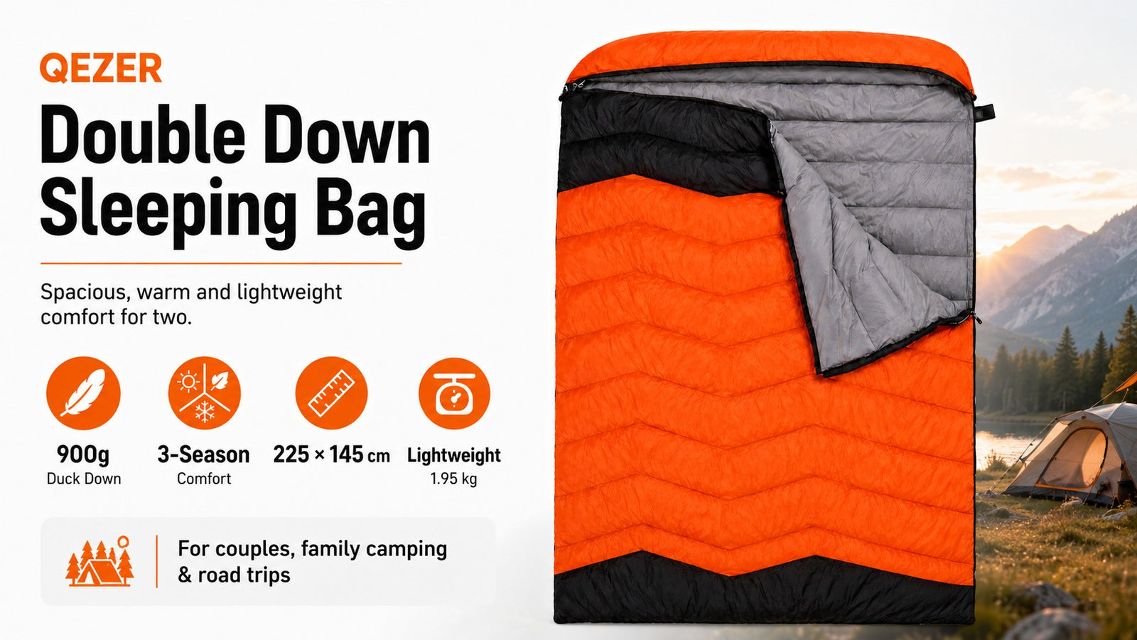 QEZER Double Down Sleeping Bag for Two-Person Camping detail image 1