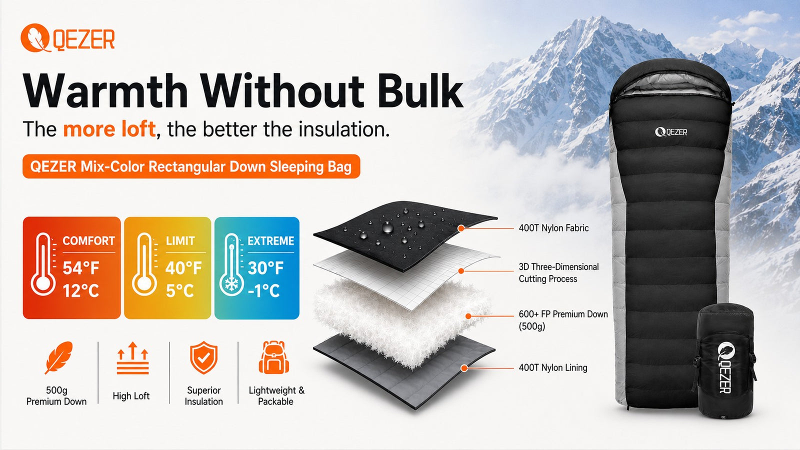 QEZER 2-in-1 Rectangular Down Sleeping Bag for Camping detail image 1