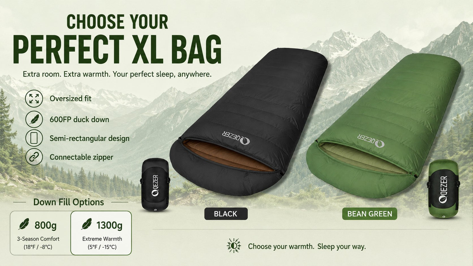 QEZER XL Down Sleeping Bag for Roomy Camping Comfort detail image 1