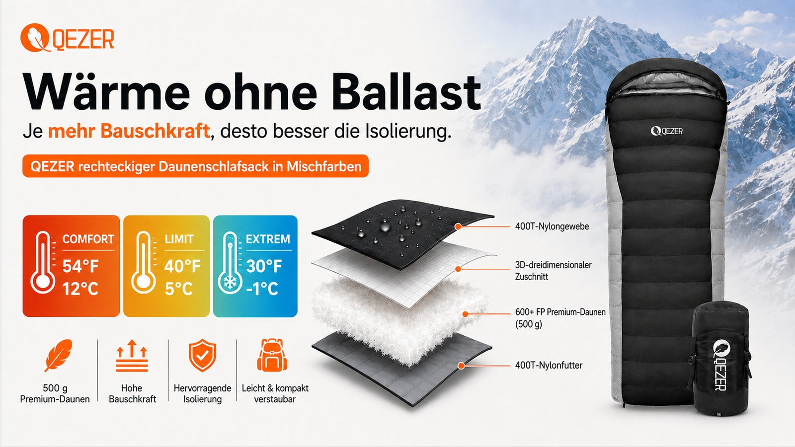 QEZER Rechteckiger Daunenschlafsack in verschiedenen Farben | 2-in-1 Camping-Schlafsack Campingdecke