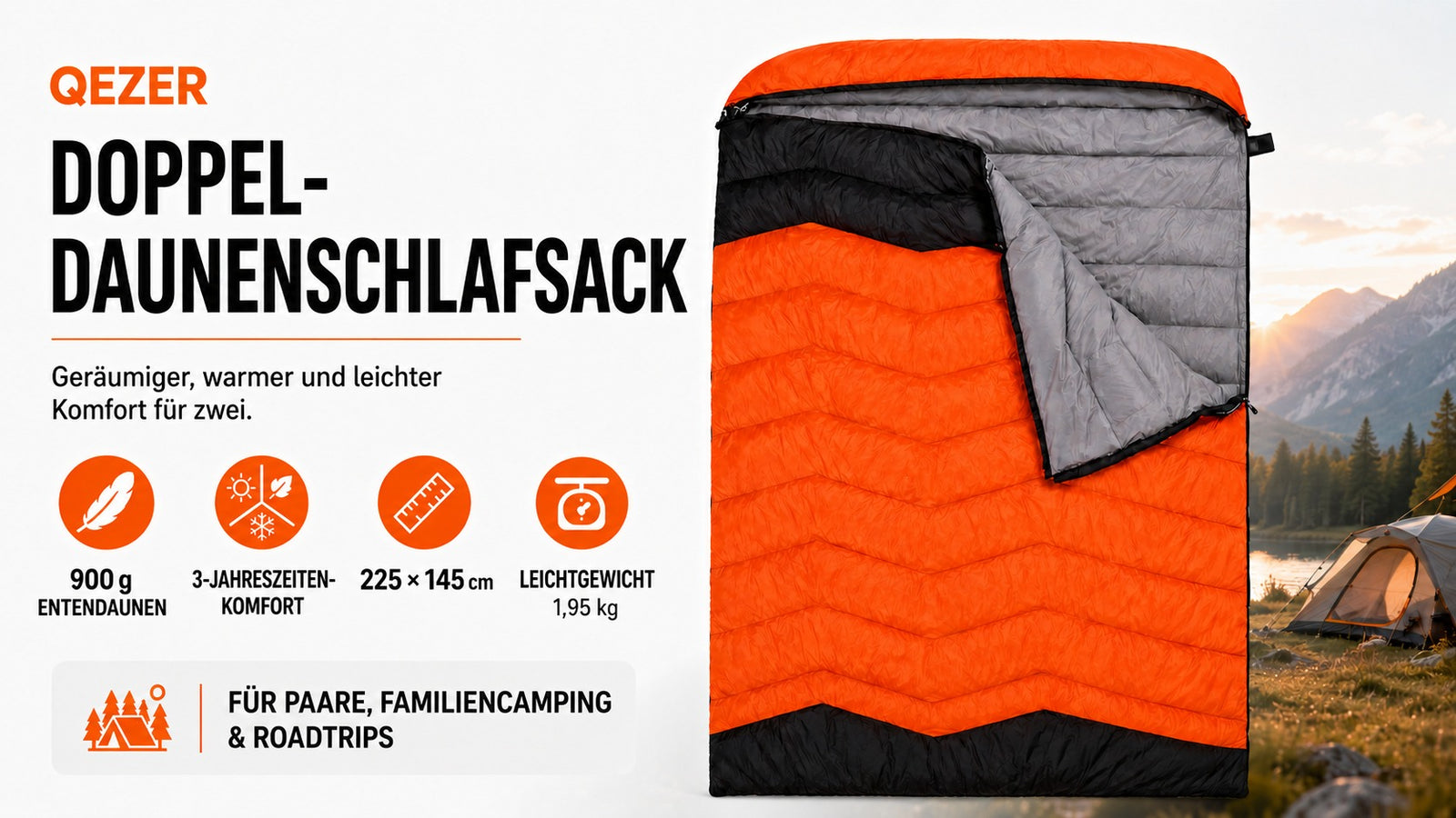 QEZER QDE-DB900 Double Down Schlafsack | 2-Personen-Daunen-Camping-Schlafsack