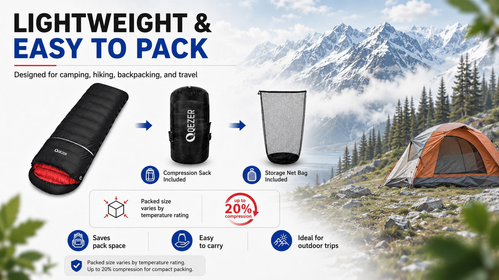 QEZER Rectangular Down Sleeping Bag for Camping &amp; Travel detail image 1