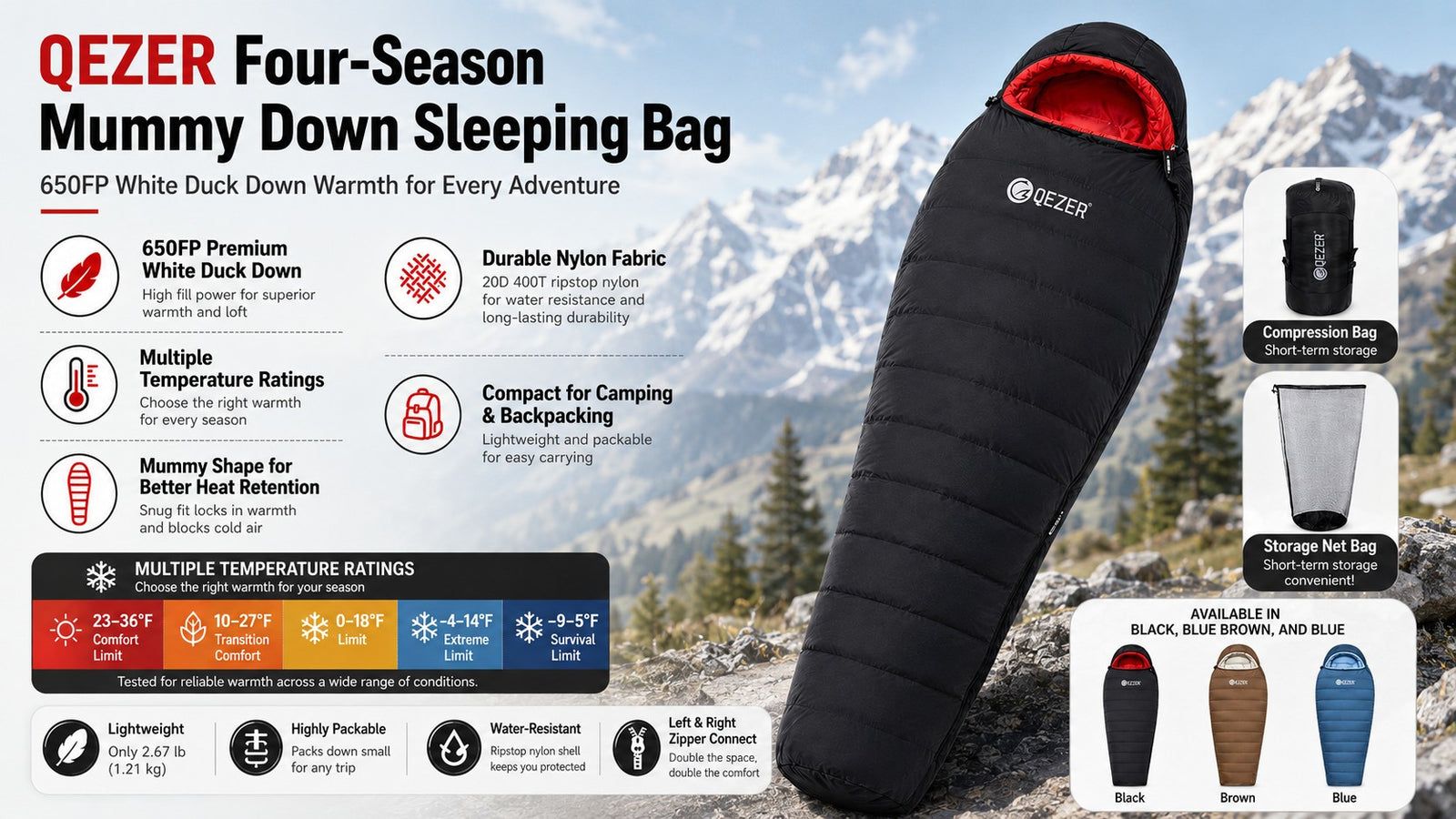 QEZER 650FP Four-Season Mummy Down Sleeping Bag for Outdoor Camping, Hiking,Backpacking detail image 1