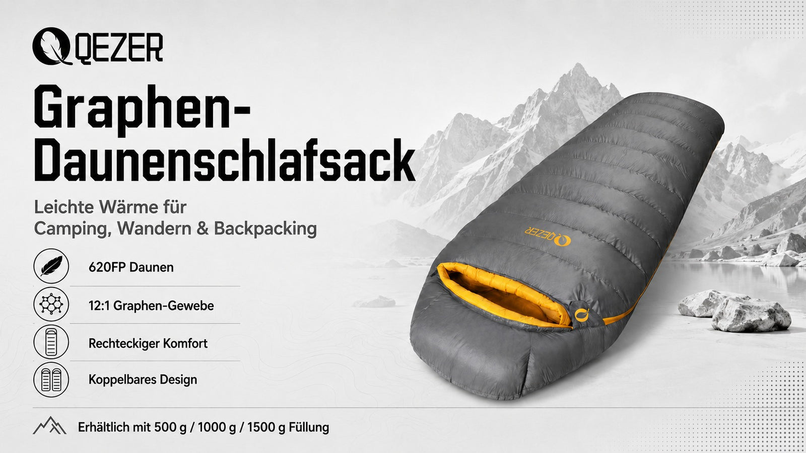 QEZER 620FP Graphene Daunenschlafsack | Winterschlafsack zum Zelten