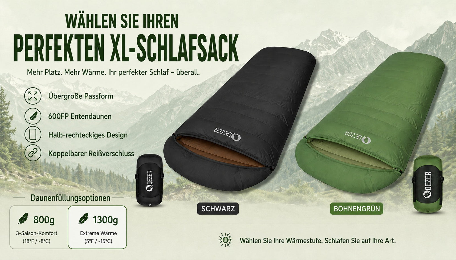 QEZER XL Daunenschlafsack | Oversized 600FP Entendaunen-Camping-Schlafsack