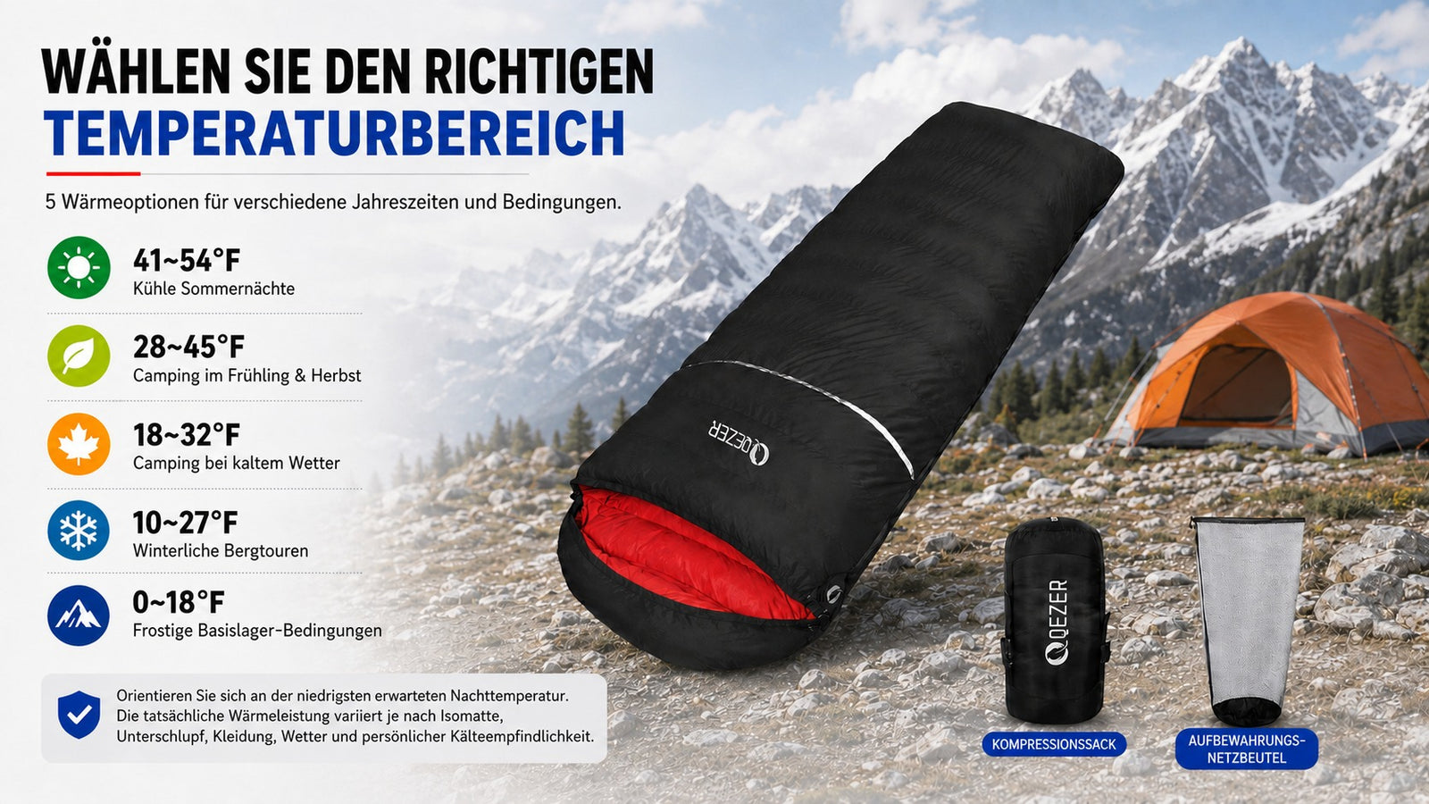 QEZER Rechteckiger Daunenschlafsack | Multi-Temperatur-Schlafsack für Camping und Trekking