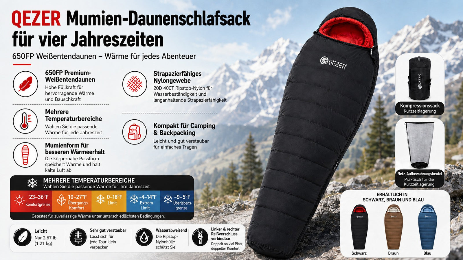 QEZER 650FP Vier-Jahreszeiten-Daunen-Mumienschlafsack für Camping, Wandern & Trekking
