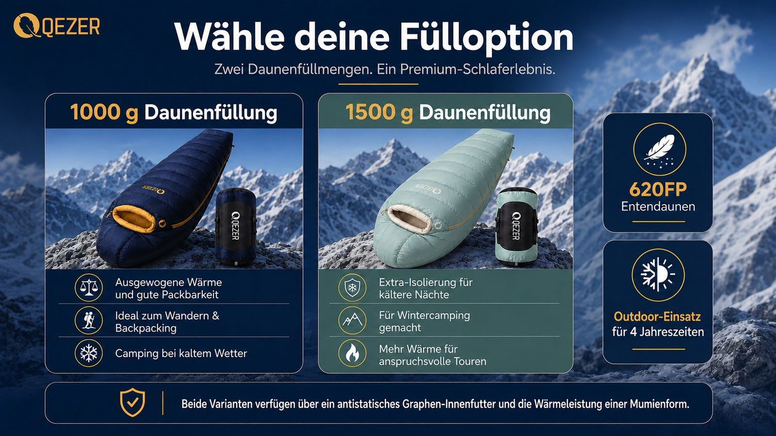 QEZER 620FP Graphen-Antistatik-Daunenschlafsack für Wintercamping