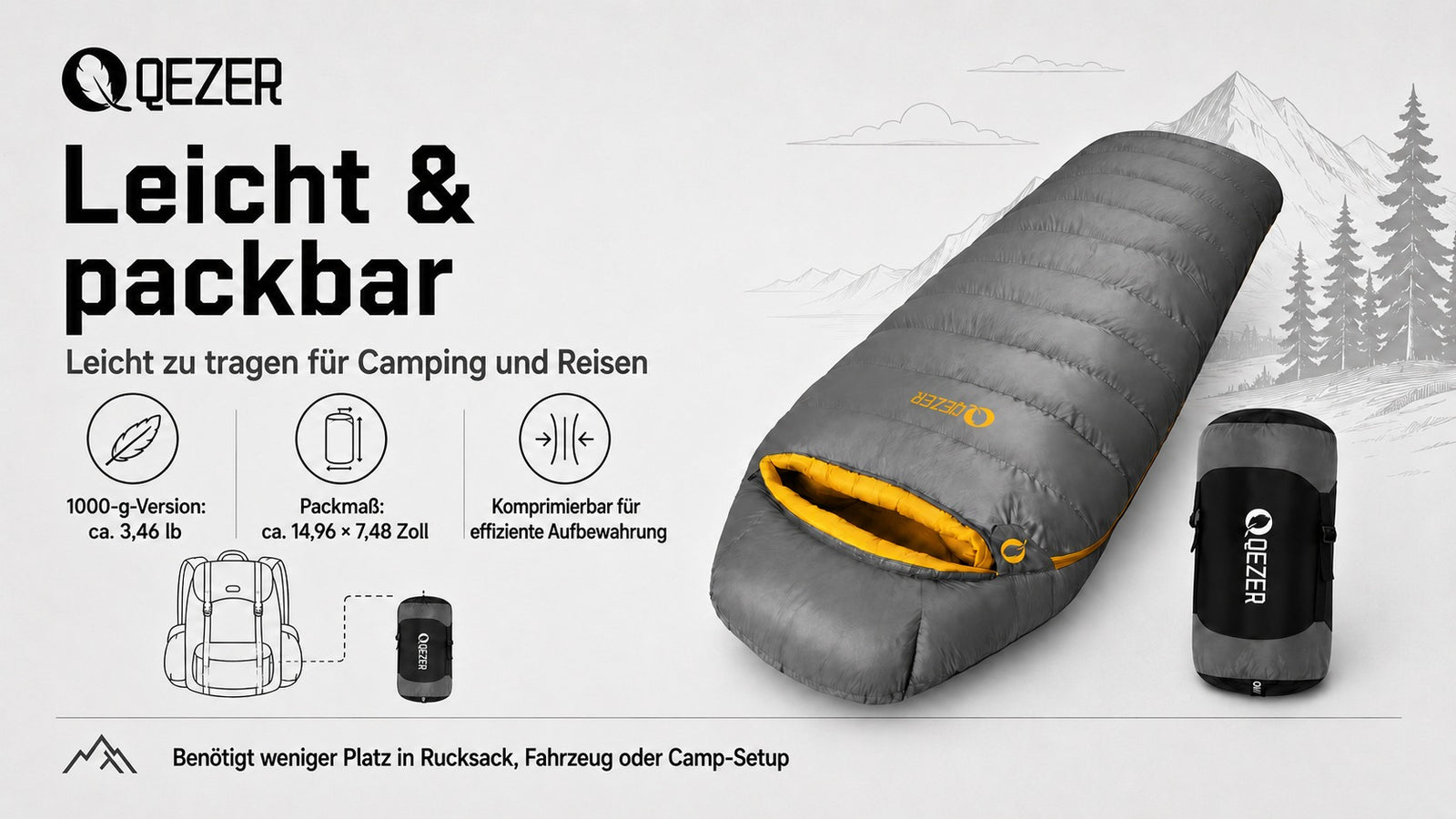 QEZER 620FP Graphene Daunenschlafsack | Winterschlafsack zum Zelten