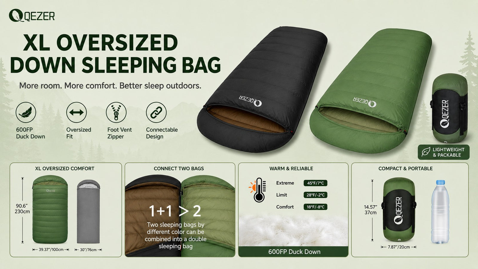 QEZER XL Down Sleeping Bag for Roomy Camping Comfort detail image 2