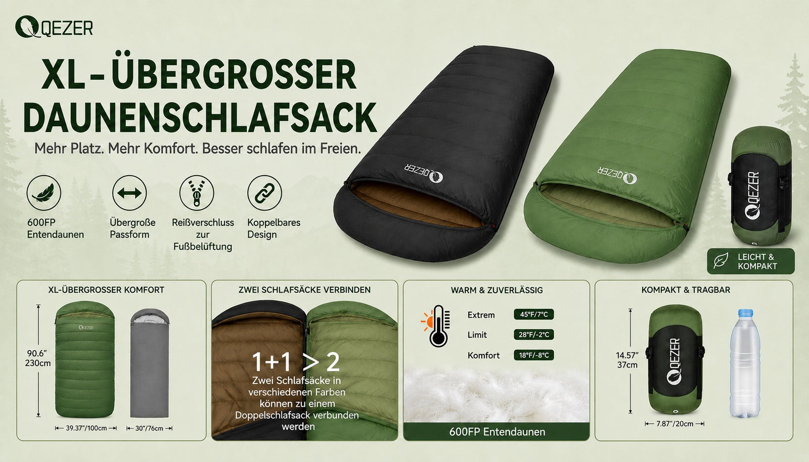 QEZER XL Daunenschlafsack | Oversized 600FP Entendaunen-Camping-Schlafsack