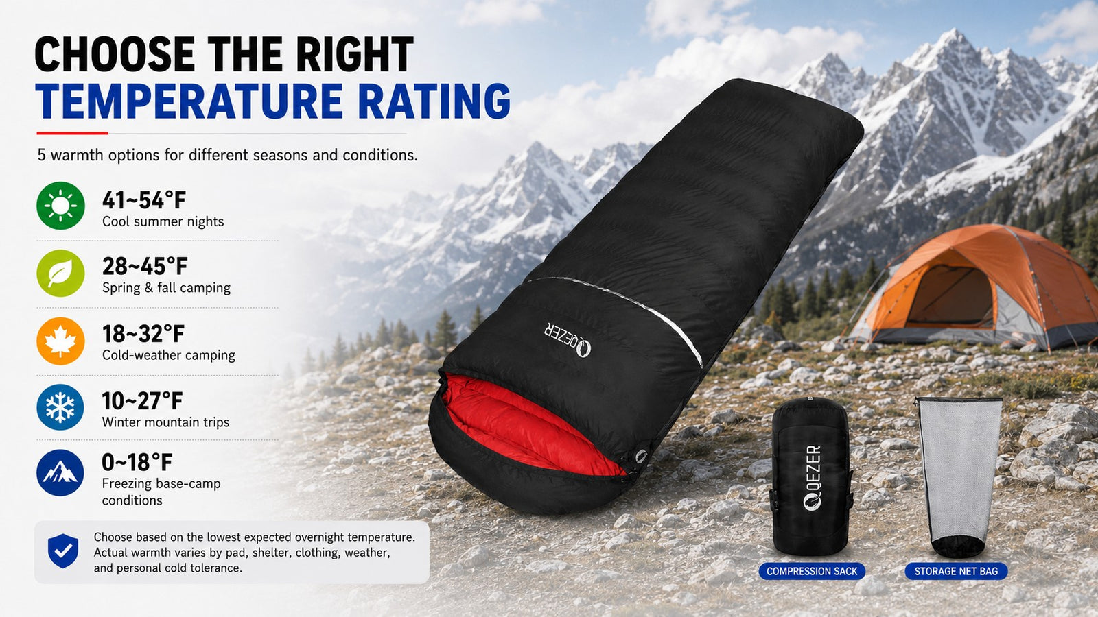 QEZER Rectangular Down Sleeping Bag for Camping &amp; Travel detail image 2
