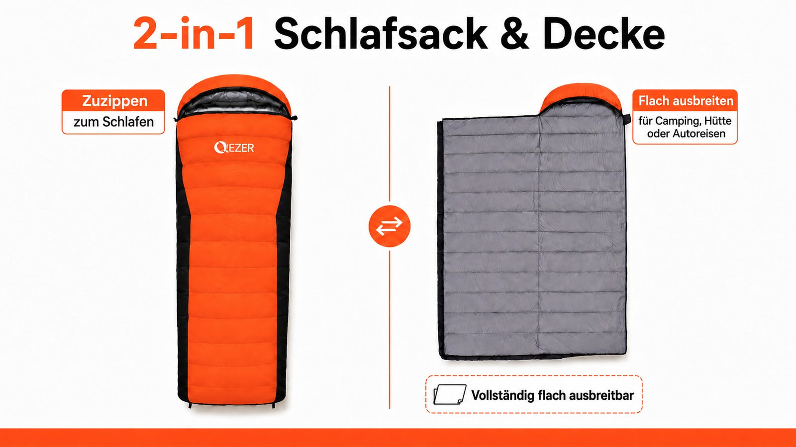 QEZER Rechteckiger Daunenschlafsack in verschiedenen Farben | 2-in-1 Camping-Schlafsack Campingdecke