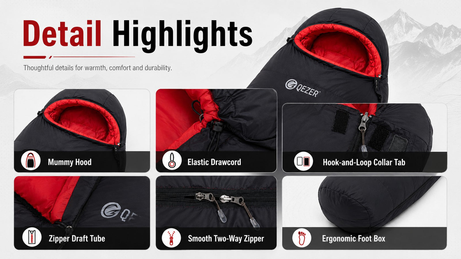 QEZER 650FP Four-Season Mummy Down Sleeping Bag for Outdoor Camping, Hiking,Backpacking detail image 2
