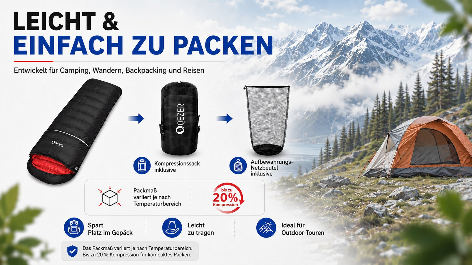 QEZER Rechteckiger Daunenschlafsack | Multi-Temperatur-Schlafsack für Camping und Trekking