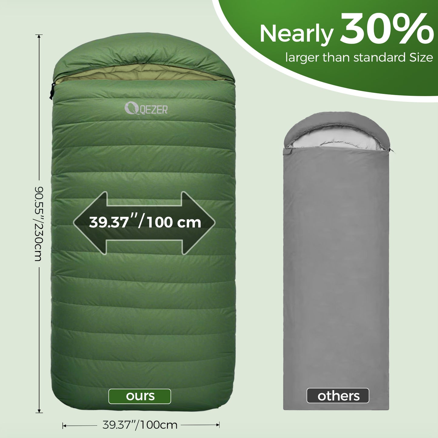 QEZER XL Down Sleeping Bag | Oversized 600FP Duck Down Camping Sleeping Bag