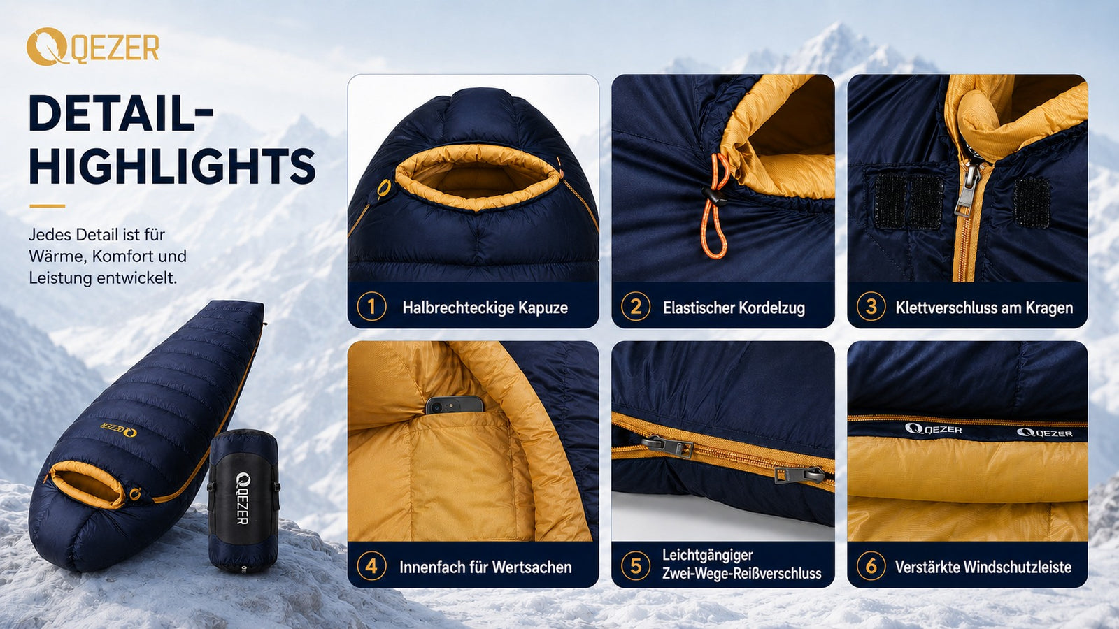 QEZER 620FP Graphen-Antistatik-Daunenschlafsack für Wintercamping