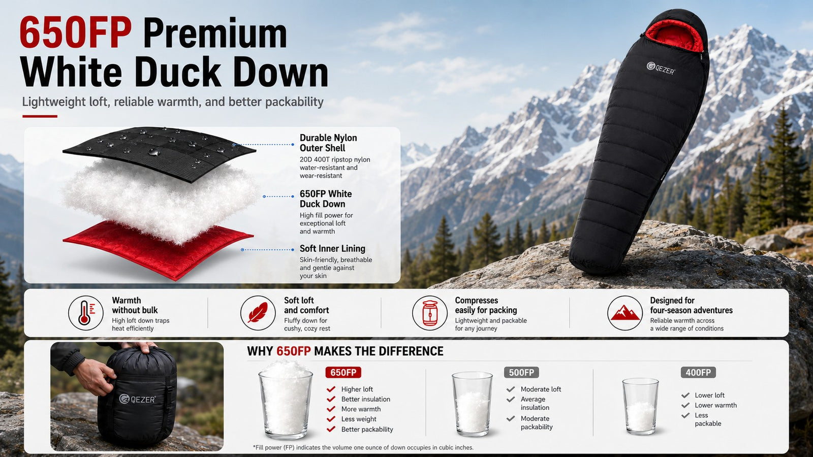 QEZER 650FP Four-Season Mummy Down Sleeping Bag for Outdoor Camping, Hiking,Backpacking detail image 3