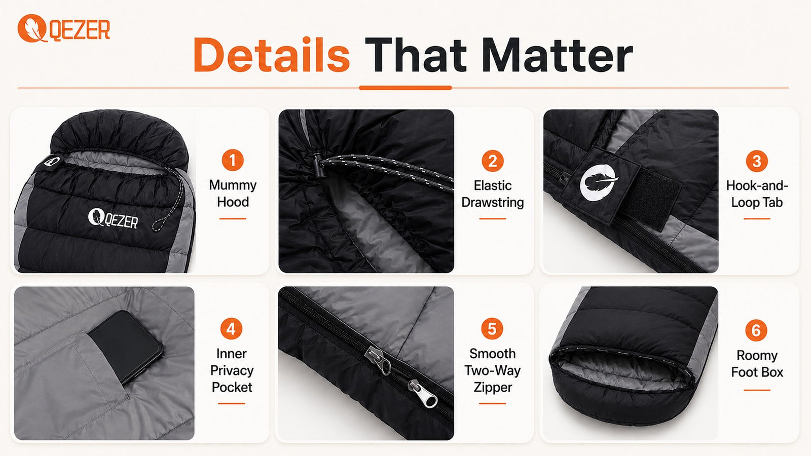 QEZER 2-in-1 Rectangular Down Sleeping Bag for Camping detail image 3