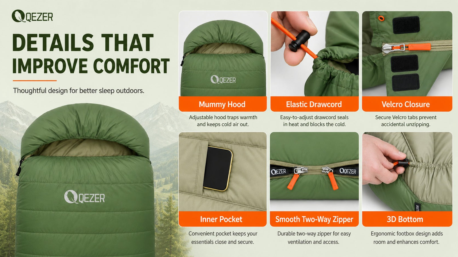 QEZER XL Down Sleeping Bag for Roomy Camping Comfort detail image 3