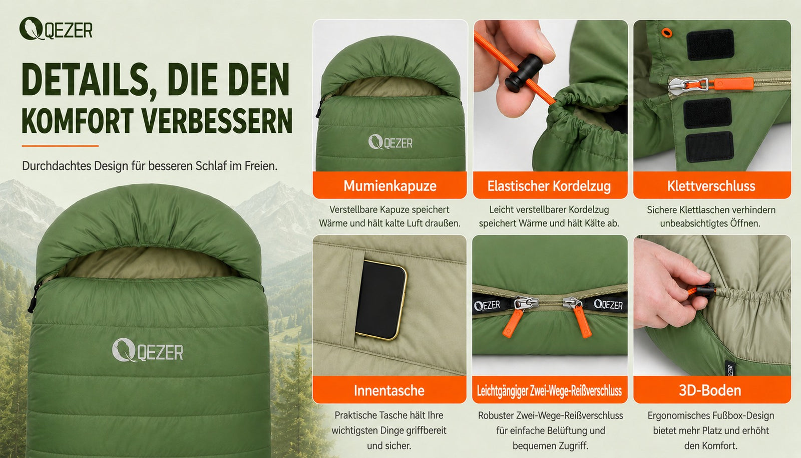 QEZER XL Daunenschlafsack | Oversized 600FP Entendaunen-Camping-Schlafsack