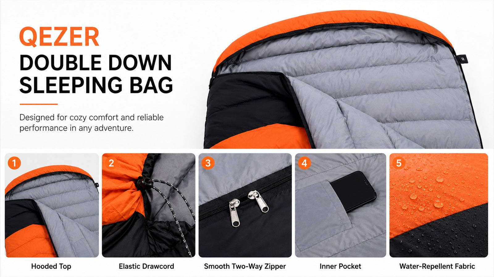 QEZER Double Down Sleeping Bag for Two-Person Camping detail image 3