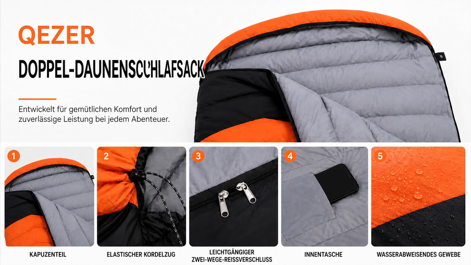 QEZER QDE-DB900 Double Down Schlafsack | 2-Personen-Daunen-Camping-Schlafsack