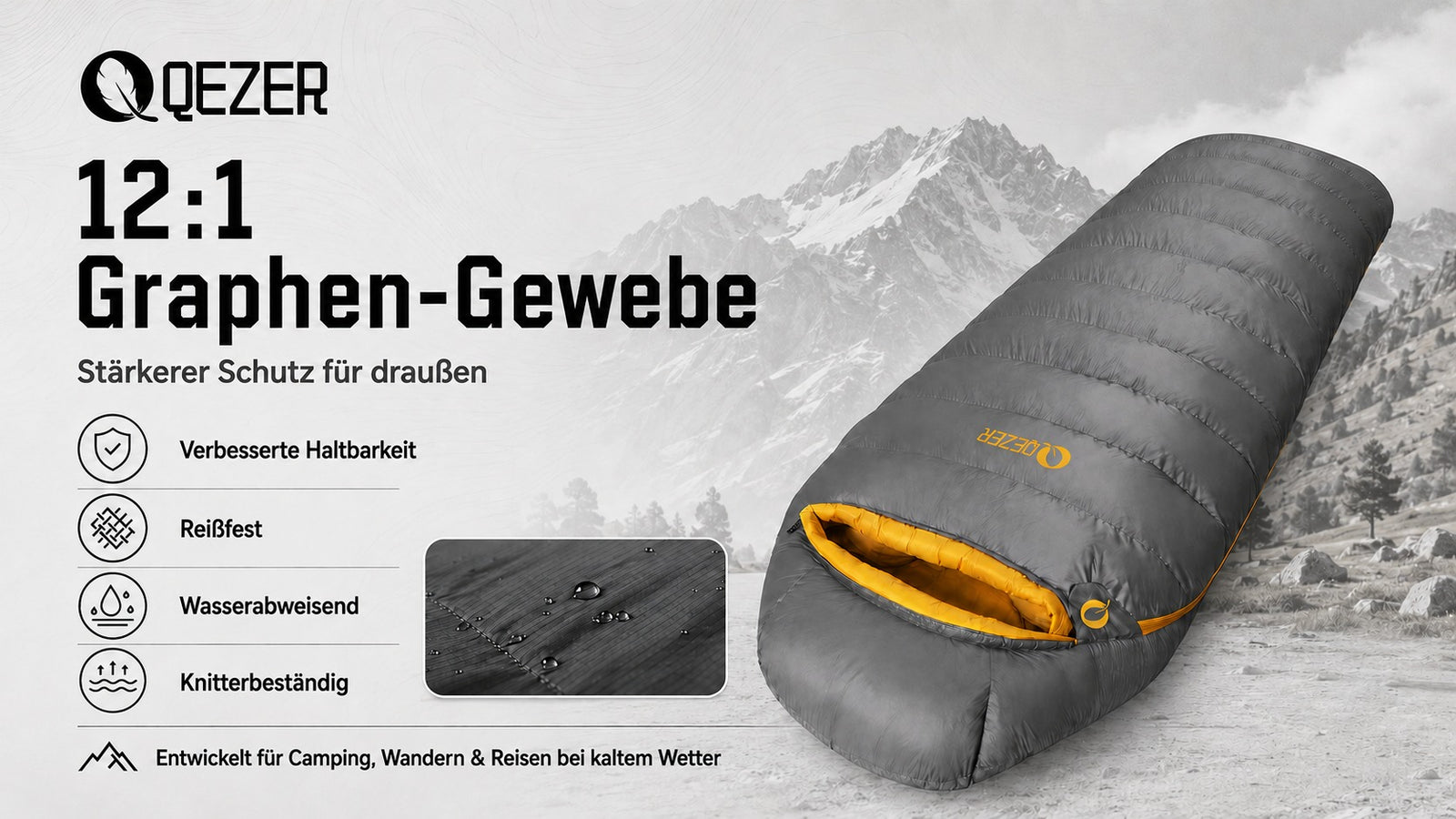 QEZER 620FP Graphene Daunenschlafsack | Winterschlafsack zum Zelten