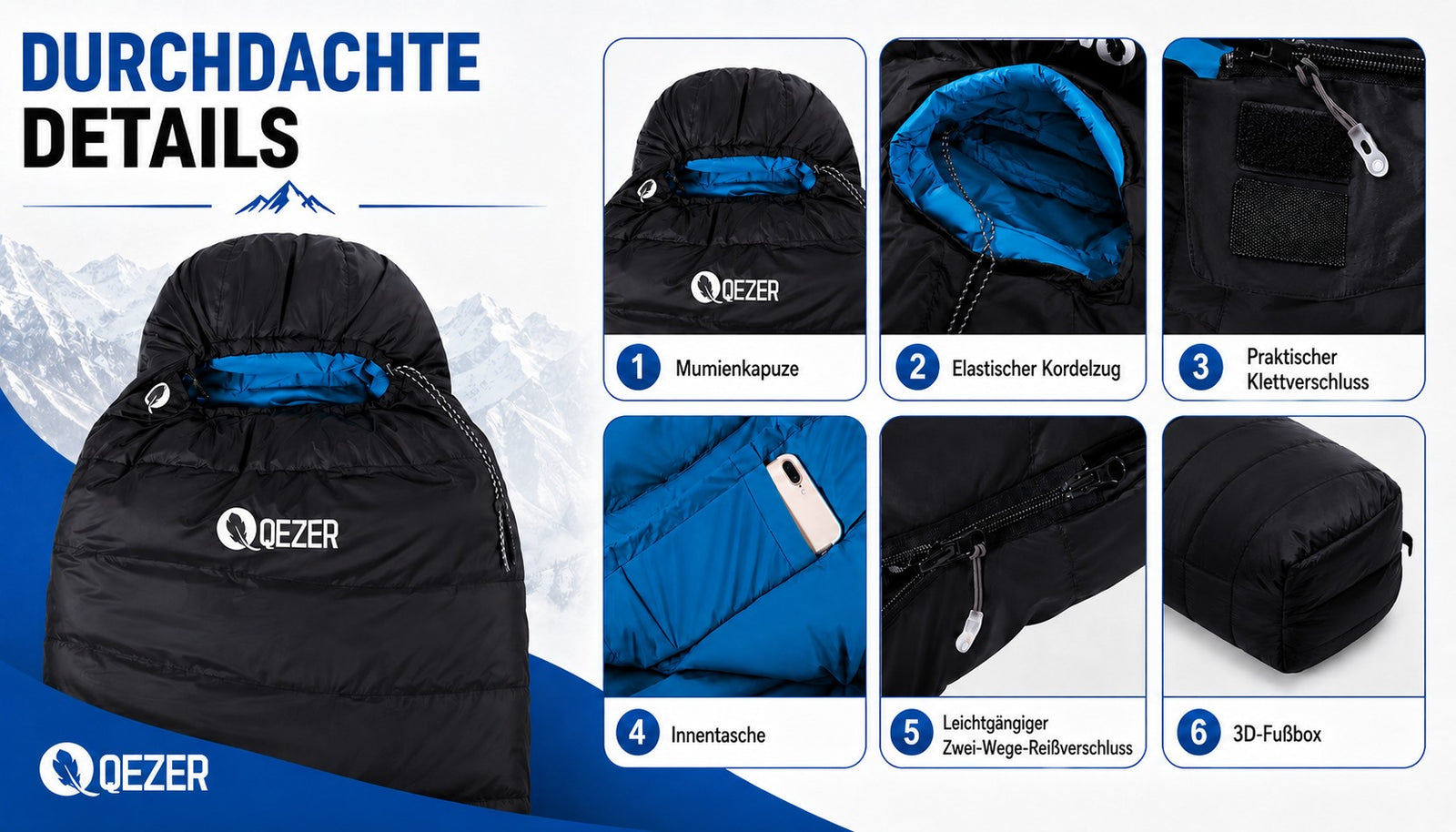QEZER Mumien-Daunenschlafsack | Multi-Temperatur Camping & Trekking Schlafsack