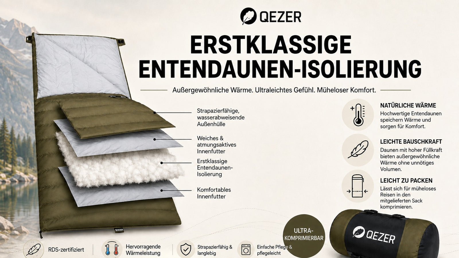QEZER Rechteckiger Daunenschlafsack | 2-in-1 Camping-Schlafsack Campingdecke