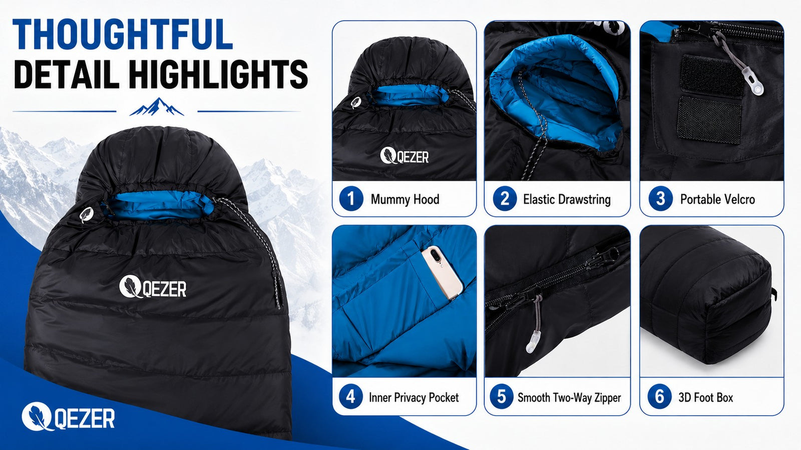 QEZER 600FP Mummy Down Sleeping Bag for Outdoor Camping &amp; Backpacking detail image 3