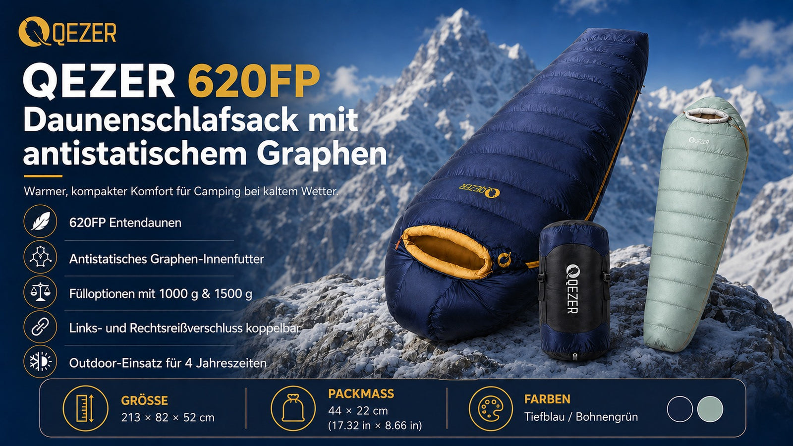 QEZER 620FP Graphen-Antistatik-Daunenschlafsack für Wintercamping