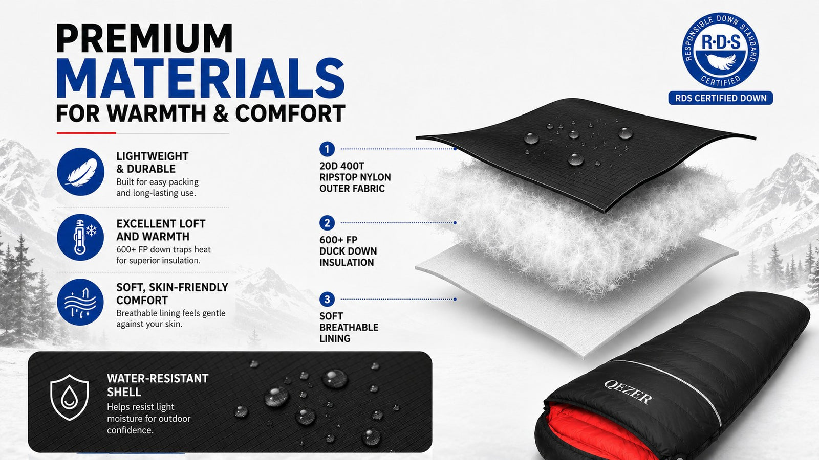 QEZER Rectangular Down Sleeping Bag for Camping &amp; Travel detail image 4