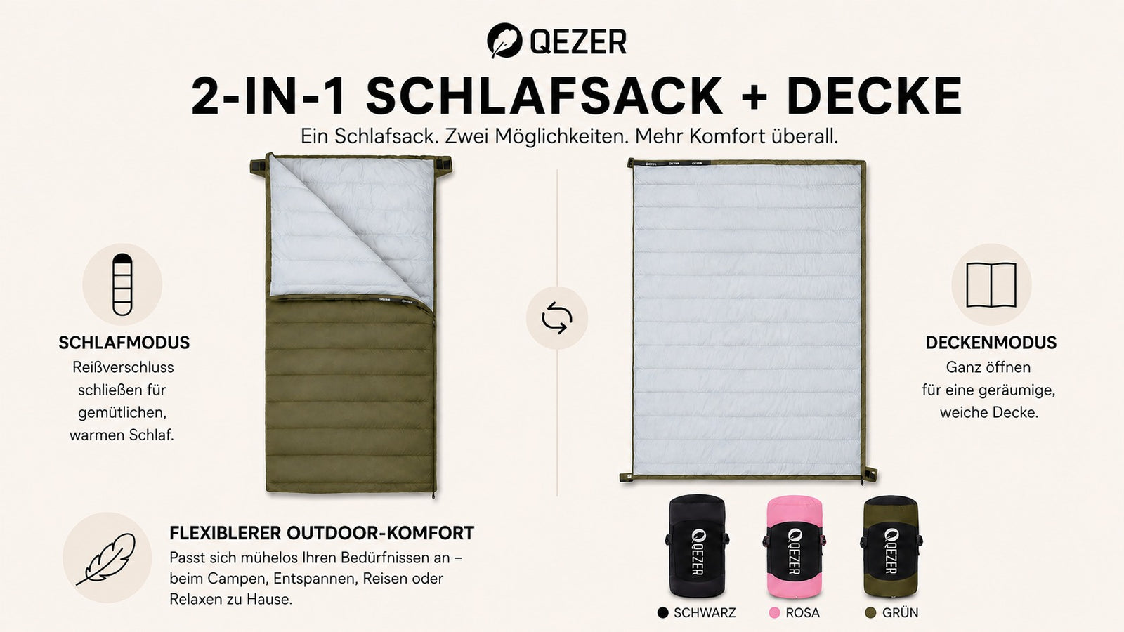 QEZER Rechteckiger Daunenschlafsack | 2-in-1 Camping-Schlafsack Campingdecke