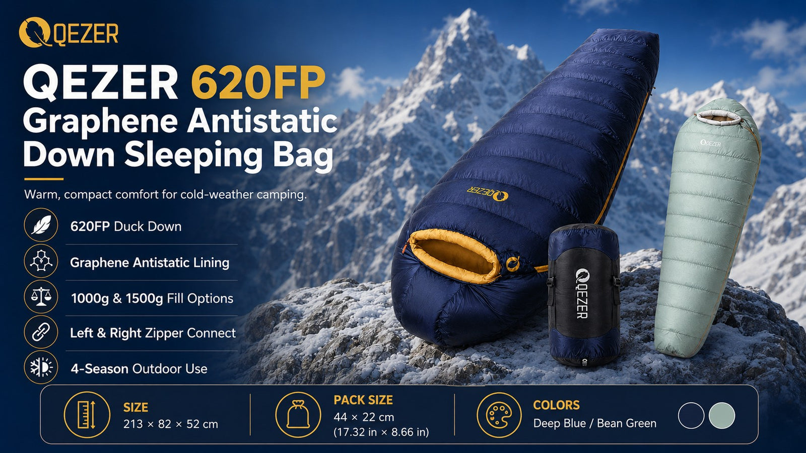QEZER Graphene Antistatic Mummy Down Sleeping Bag for Winter Camping detail image 4