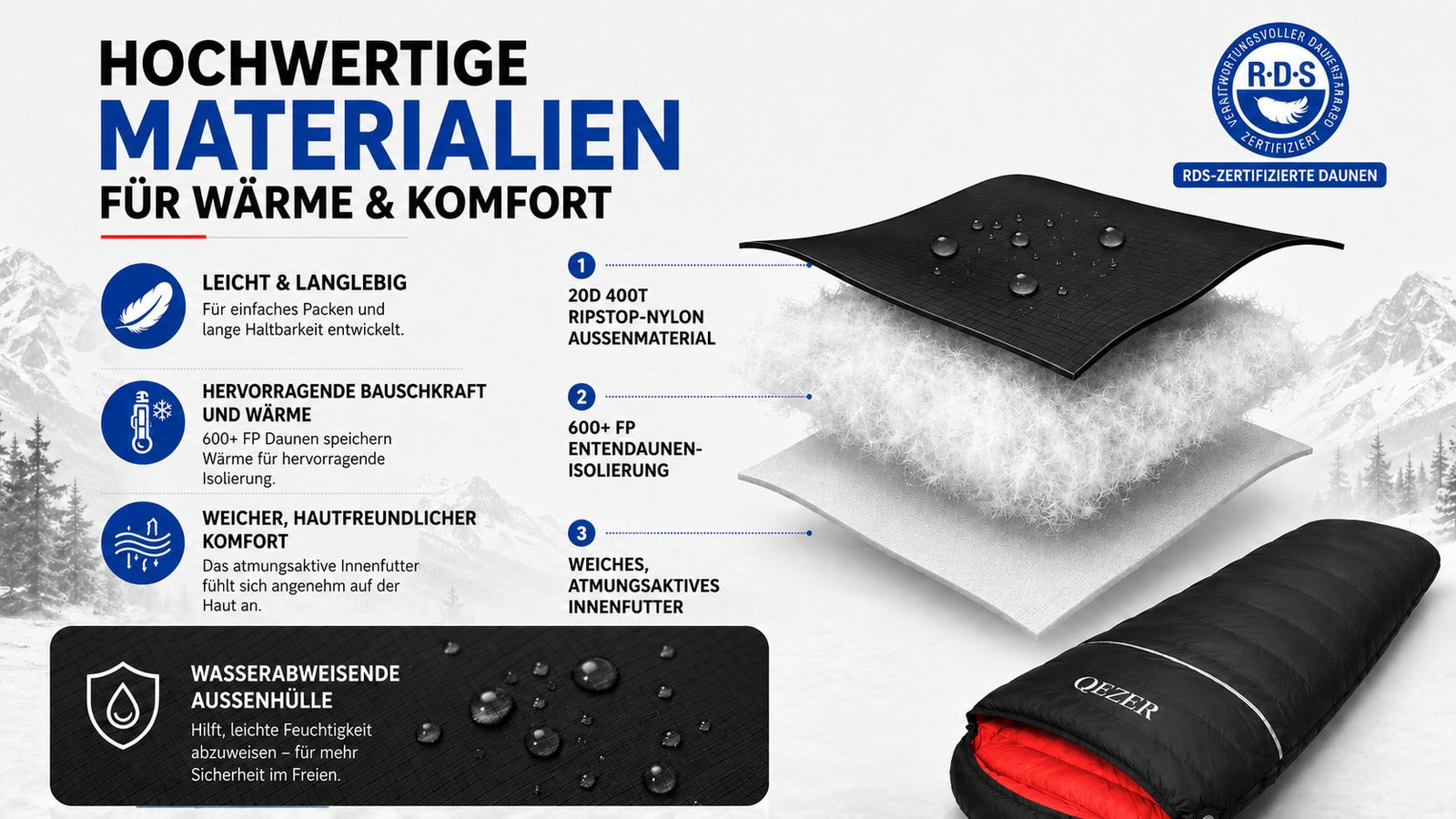 QEZER Rechteckiger Daunenschlafsack | Multi-Temperatur-Schlafsack für Camping und Trekking