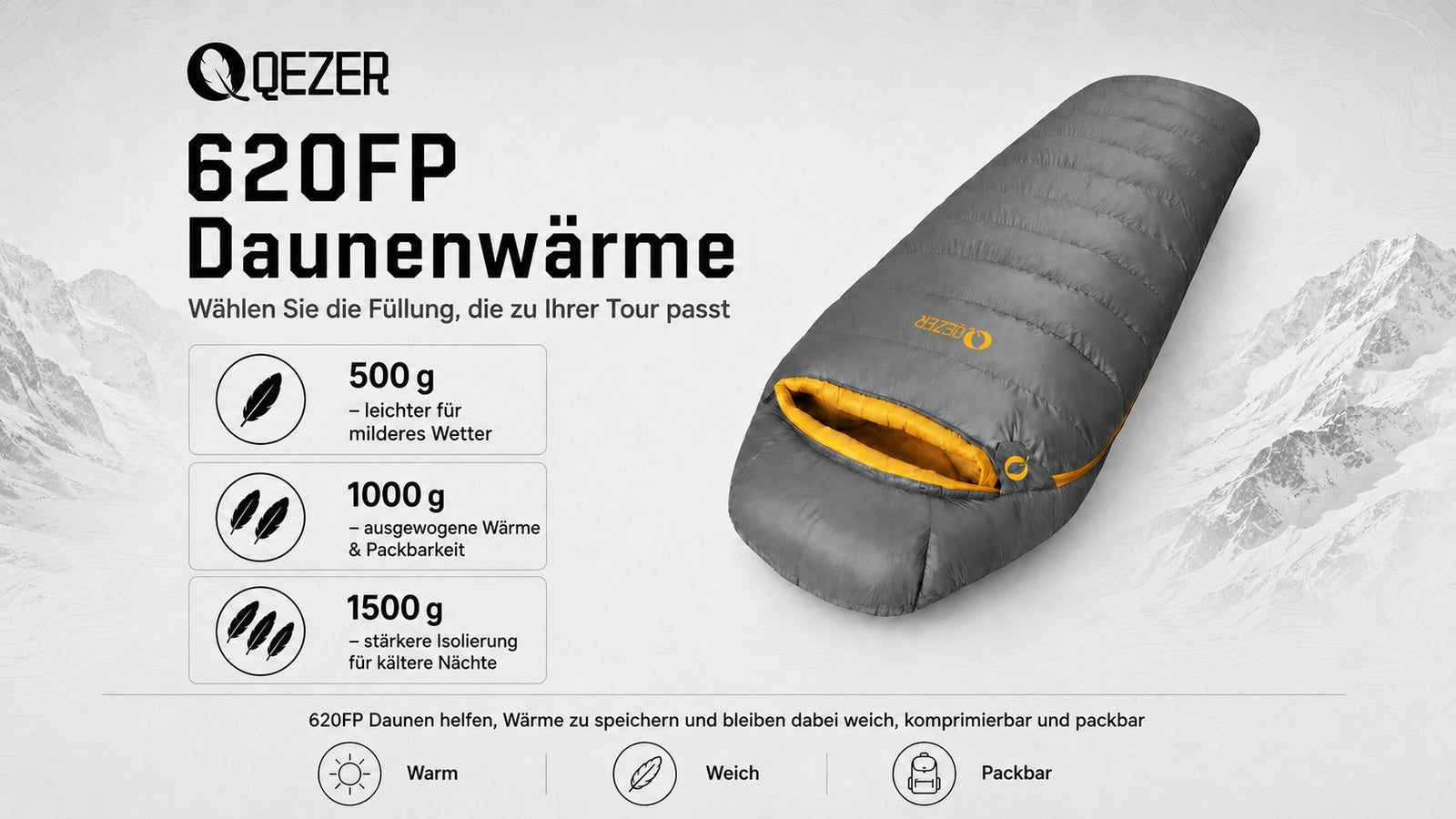 QEZER 620FP Graphene Daunenschlafsack | Winterschlafsack zum Zelten