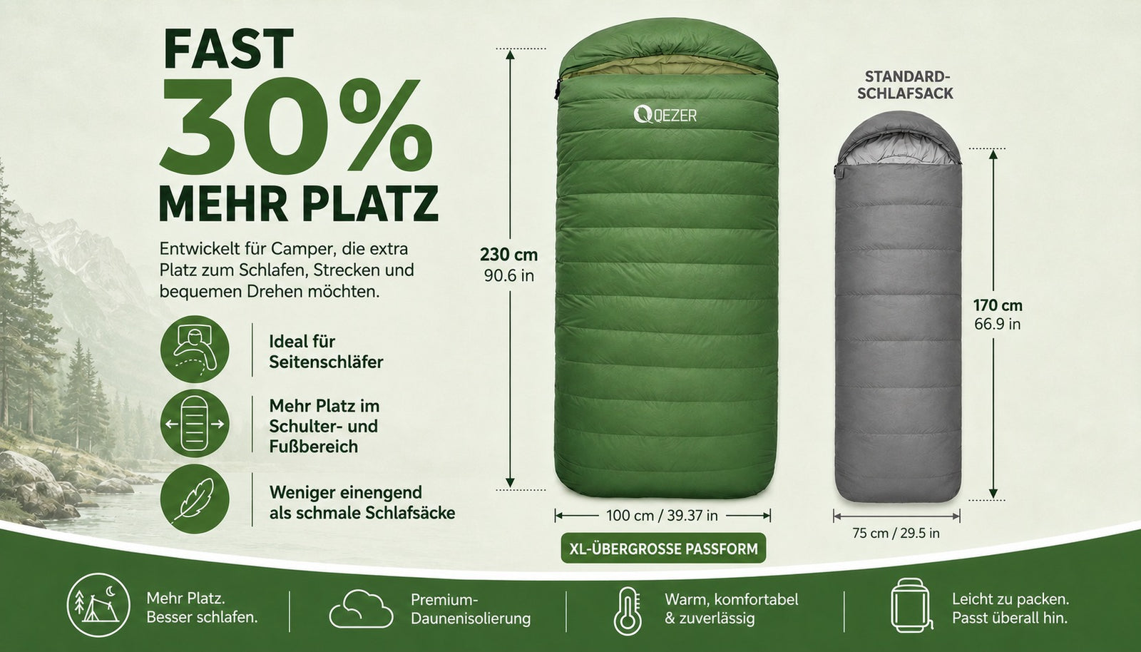 QEZER XL Daunenschlafsack | Oversized 600FP Entendaunen-Camping-Schlafsack