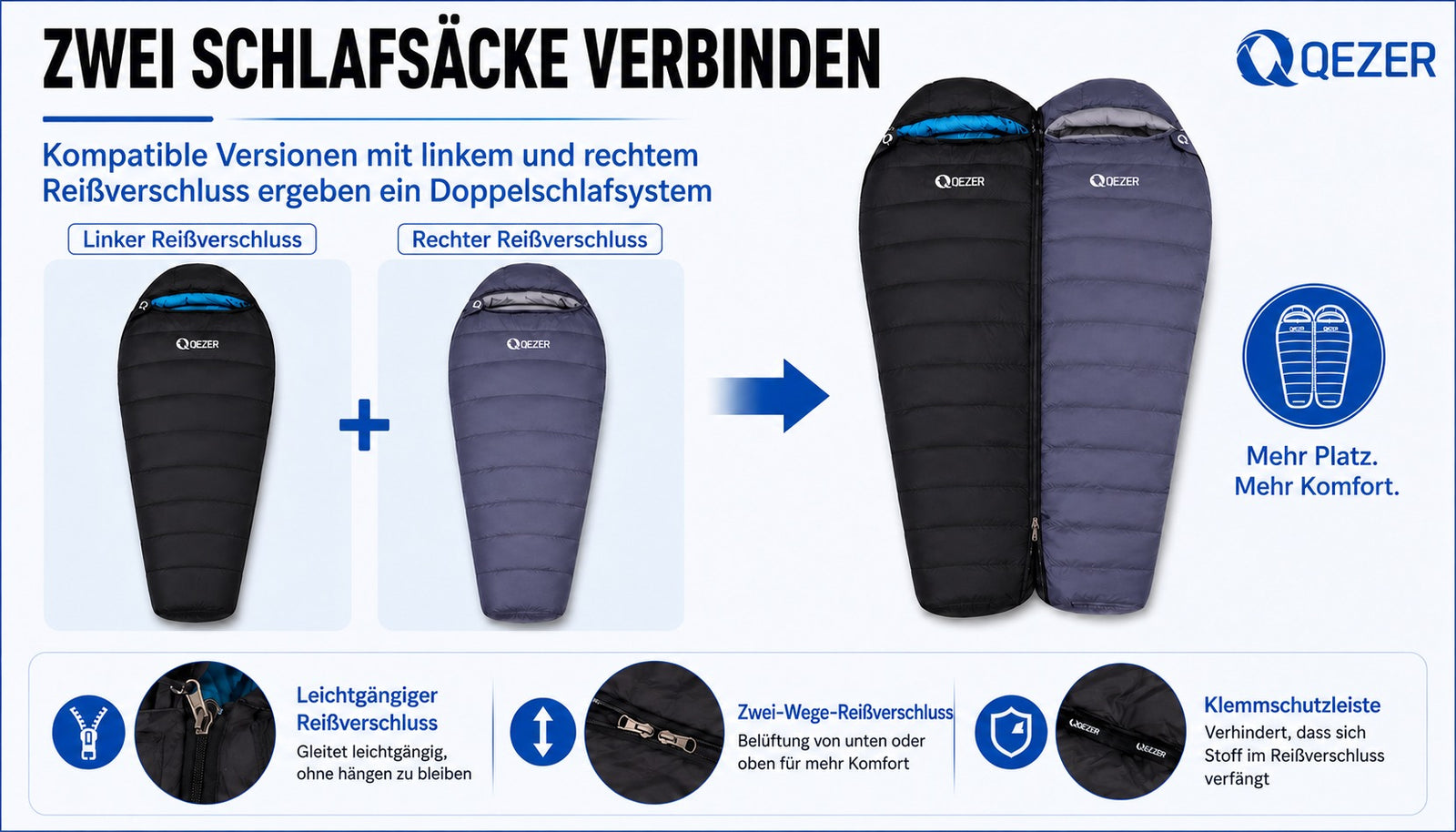 QEZER Mumien-Daunenschlafsack | Multi-Temperatur Camping & Trekking Schlafsack