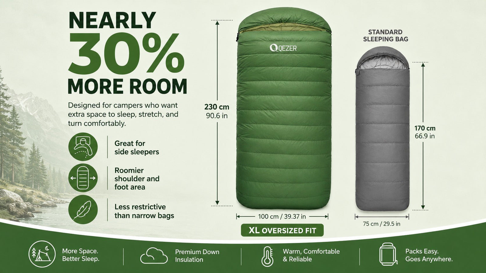 QEZER XL Down Sleeping Bag for Roomy Camping Comfort detail image 4