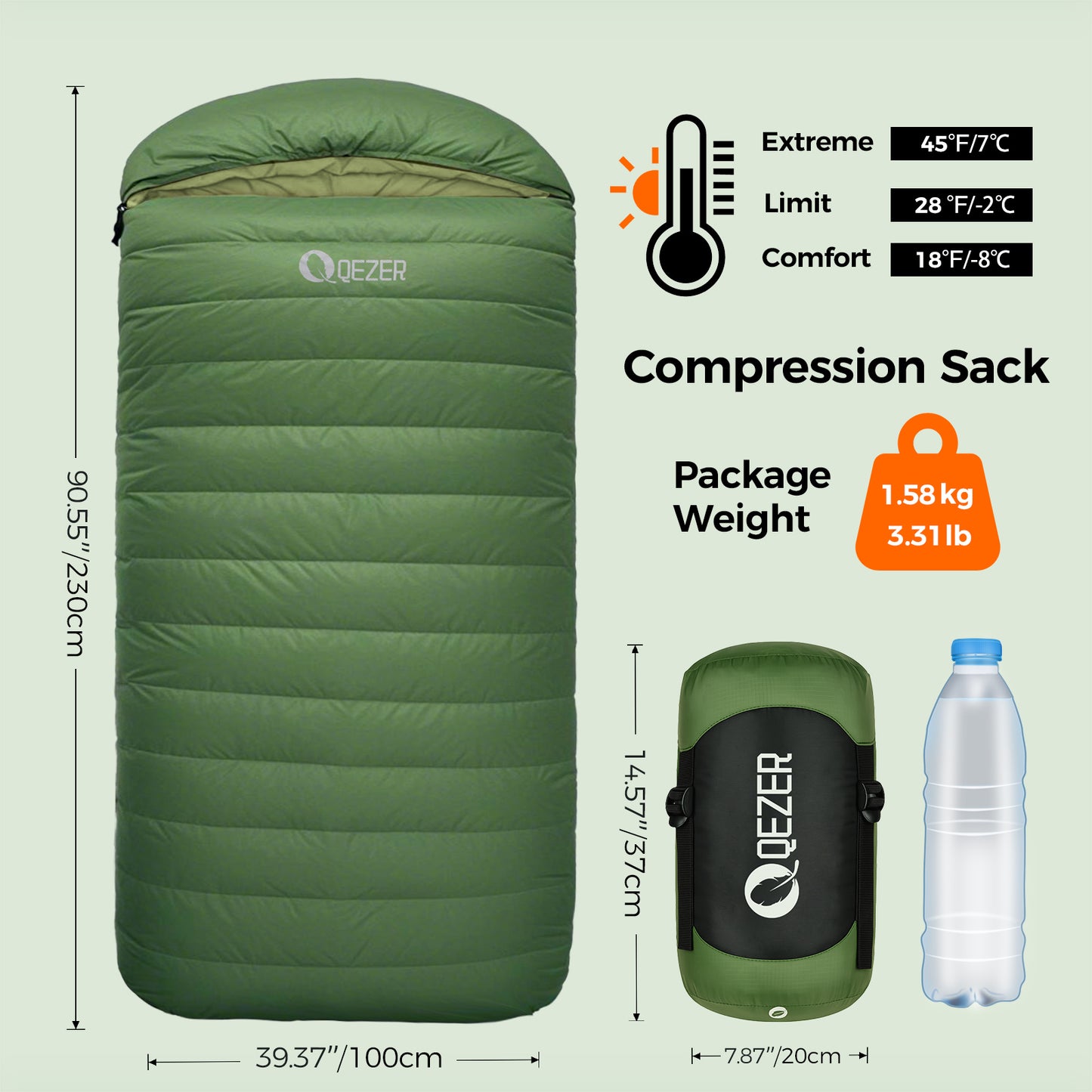 QEZER XL Down Sleeping Bag | Oversized 600FP Duck Down Camping Sleeping Bag