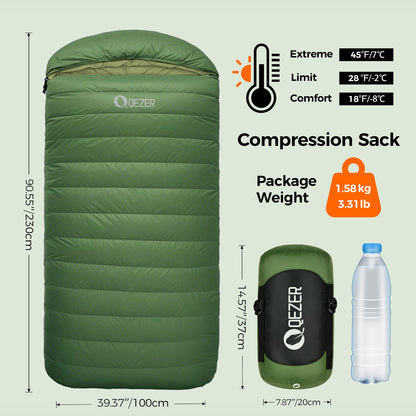 QEZER XL Down Sleeping Bag | Oversized 600FP Duck Down Camping Sleeping Bag