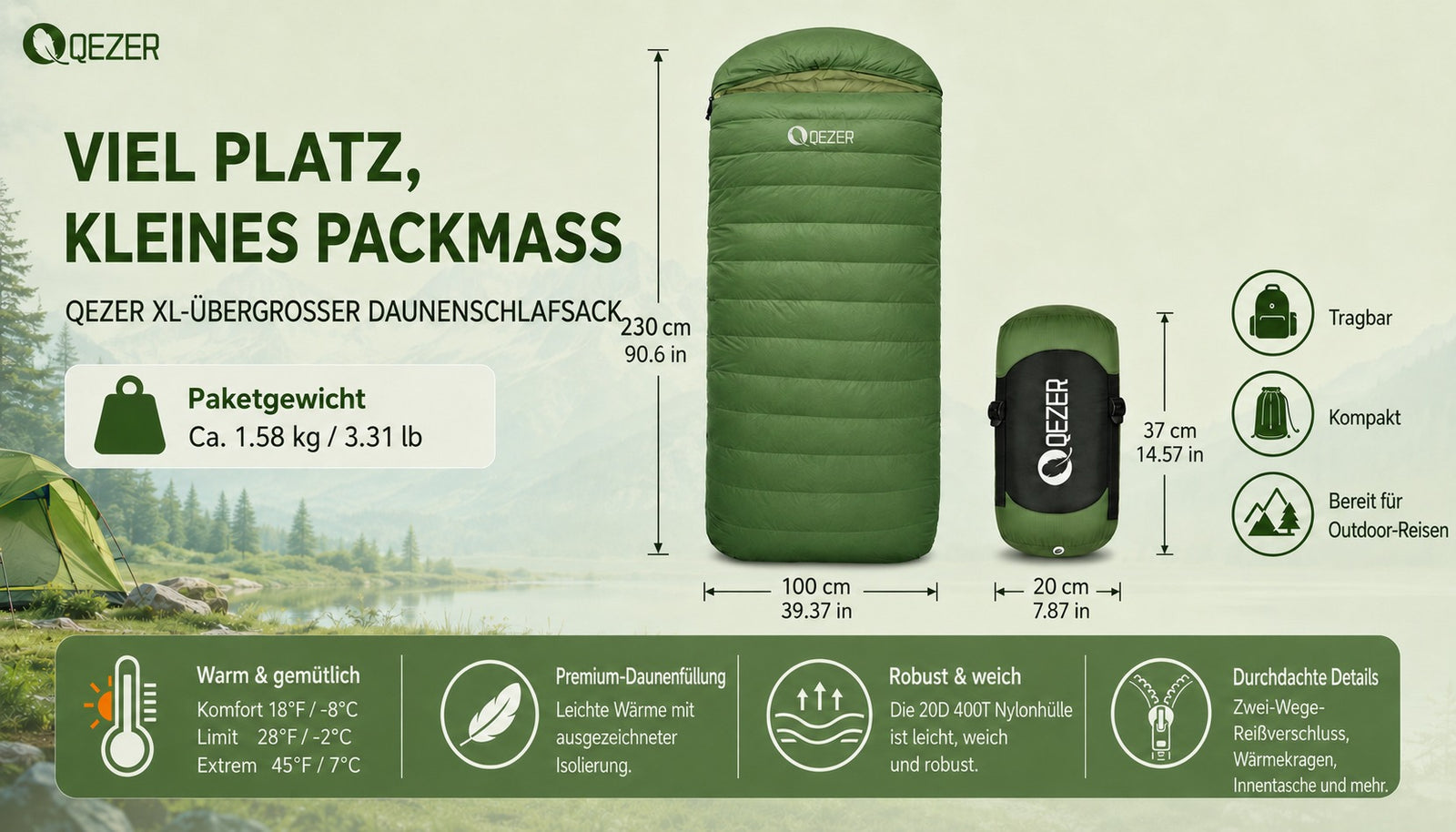 QEZER XL Daunenschlafsack | Oversized 600FP Entendaunen-Camping-Schlafsack