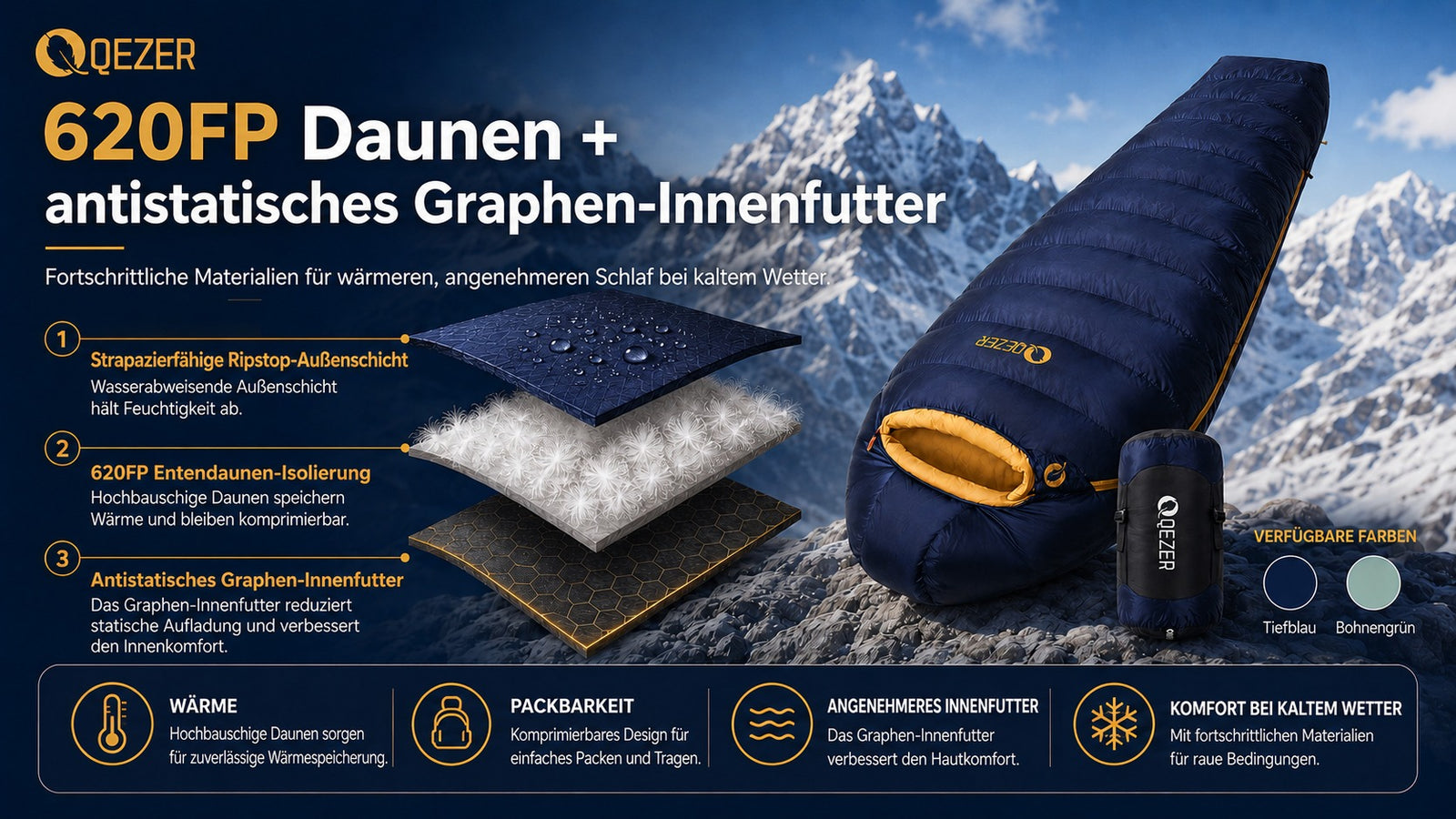 QEZER 620FP Graphen-Antistatik-Daunenschlafsack für Wintercamping