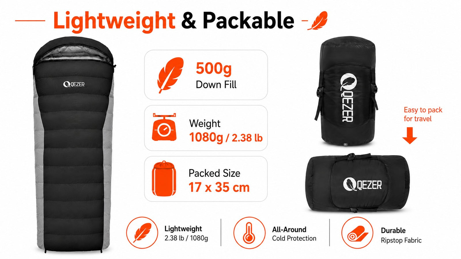 QEZER 2-in-1 Rectangular Down Sleeping Bag for Camping detail image 5