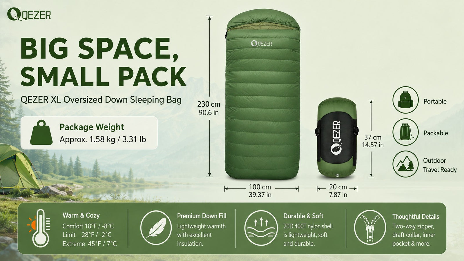 QEZER XL Down Sleeping Bag for Roomy Camping Comfort detail image 5
